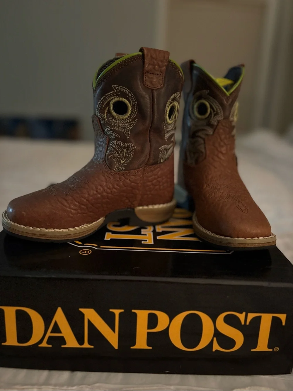 Dan Post Brown Kids Western Boots with Yellow Trim